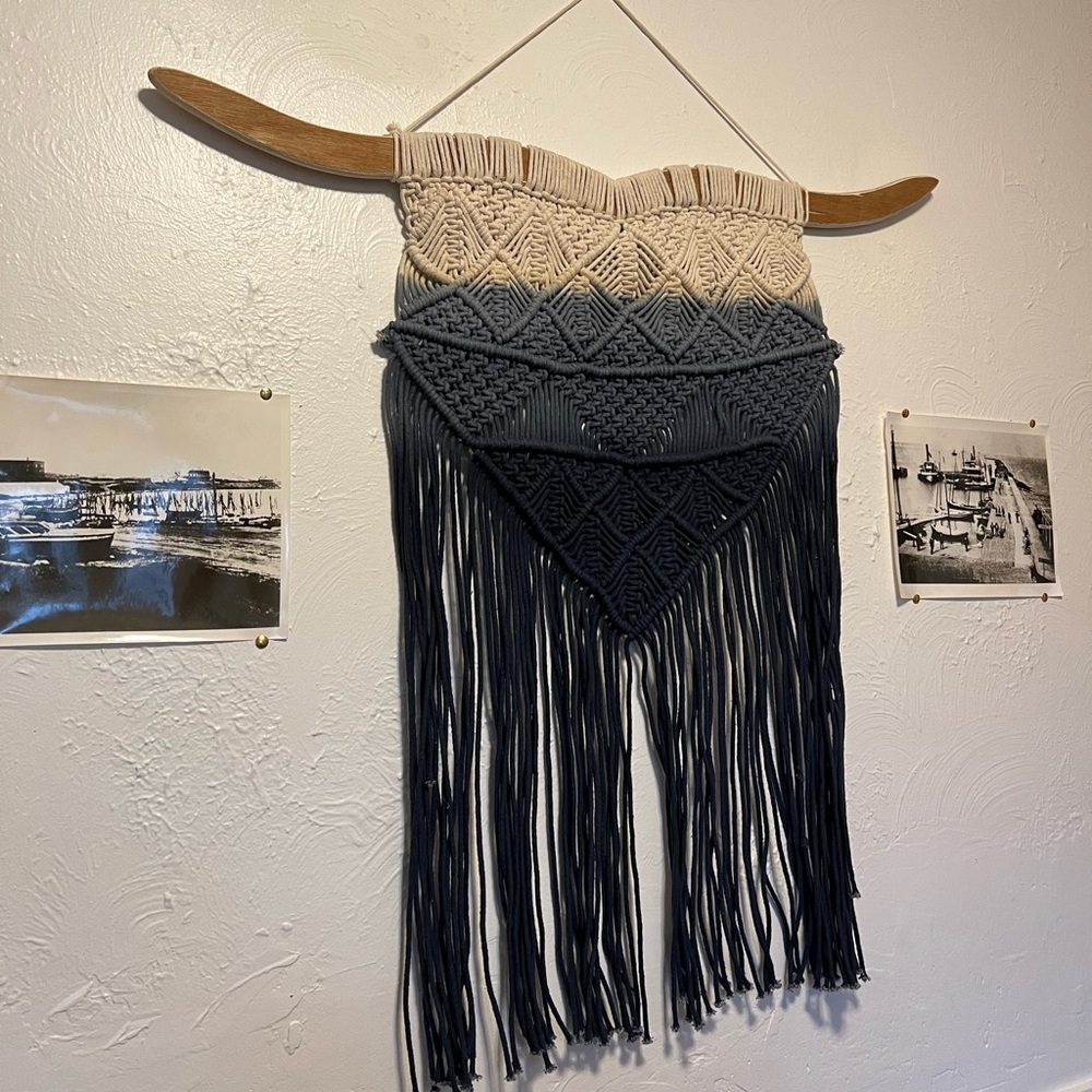 Macamre Woven Wall Hanging Art Ombré White, Blue, & Navy Blue